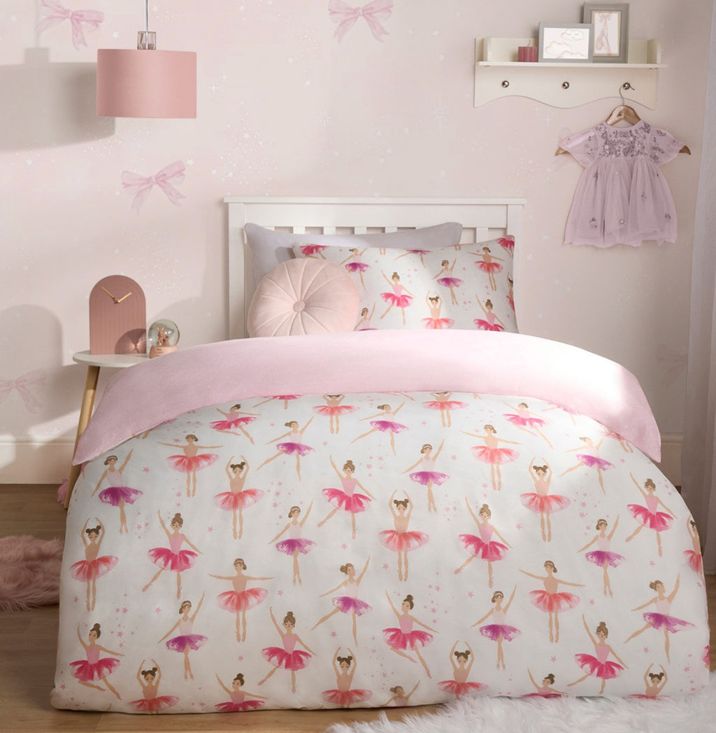 Kids Ballerina Print Reversible Duvet Cover Set - Pink/White single 🇬🇧