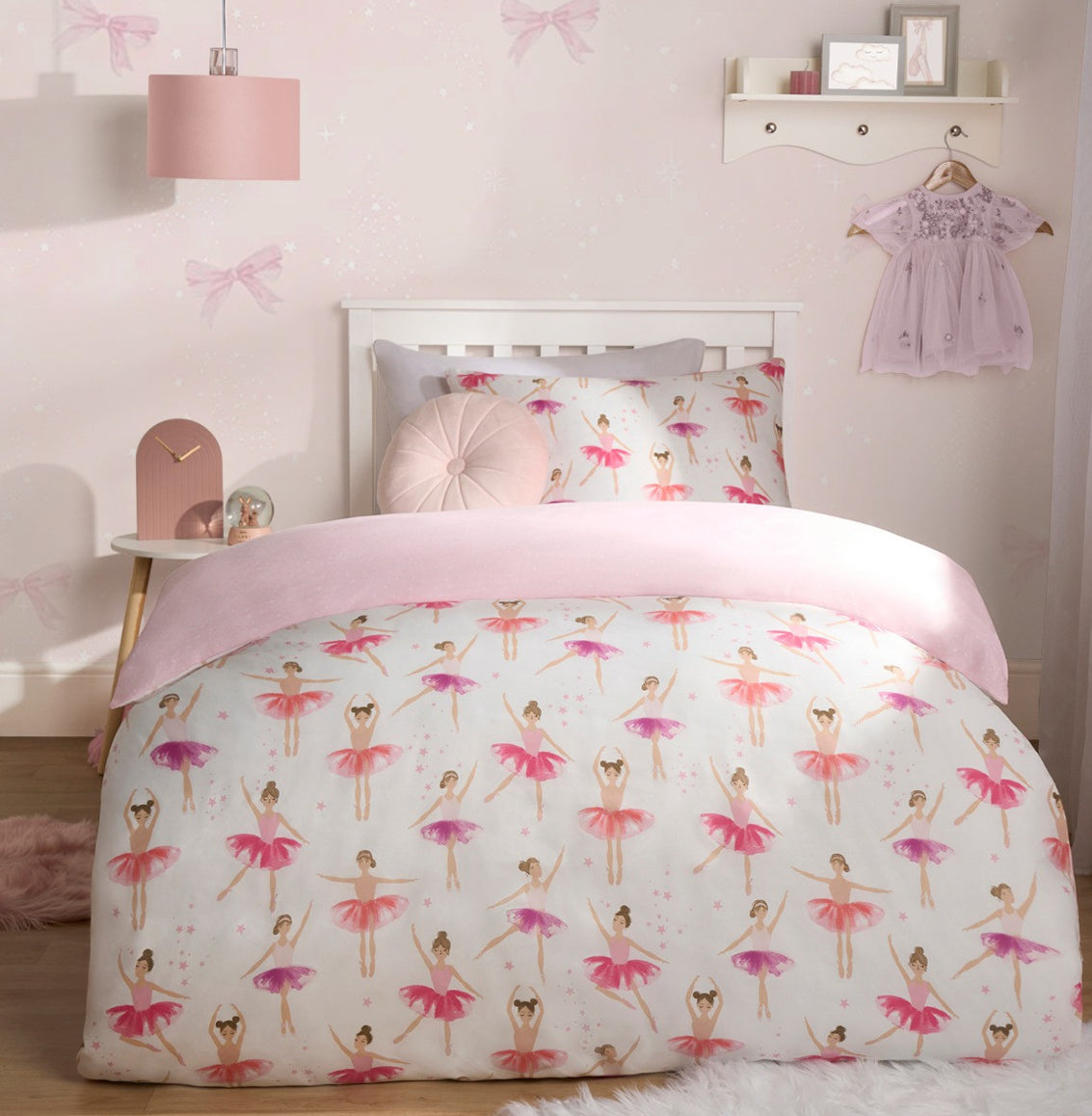 Kids Ballerina Print Reversible Duvet Cover Set - Pink/White single 🇬🇧