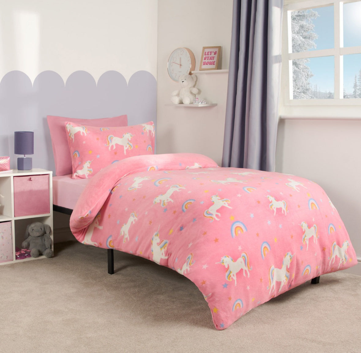 Unicorn Print Fleece Duvet Set - Pink, single 🇬🇧