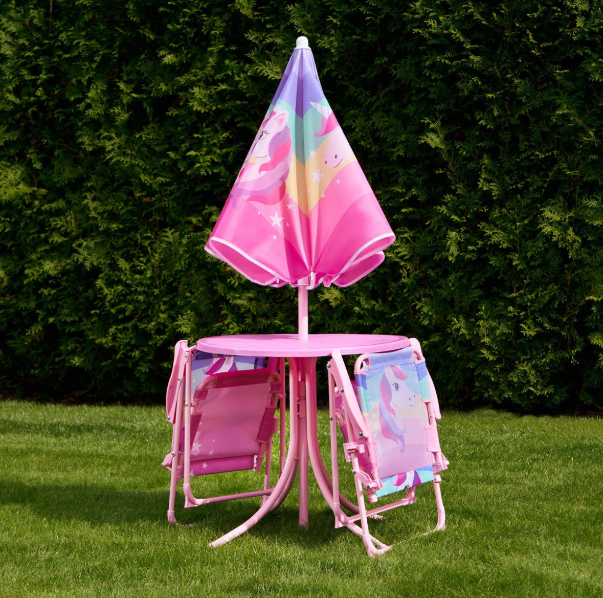Kids Unicorn Print Bistro Set with Parasol - Pink 🇬🇧