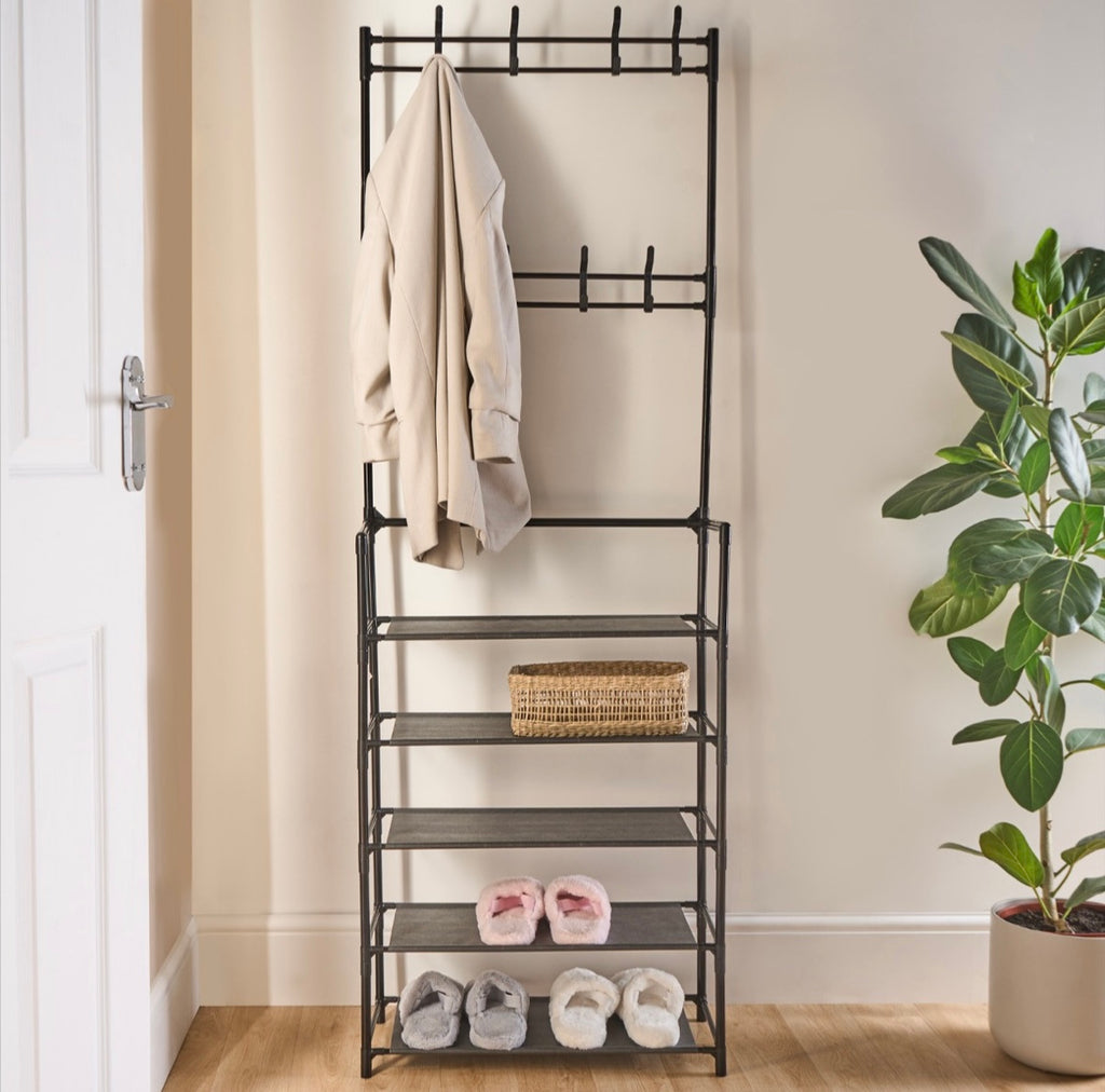 16 Hook Garment Rack with Shelving - Black 🇬🇧