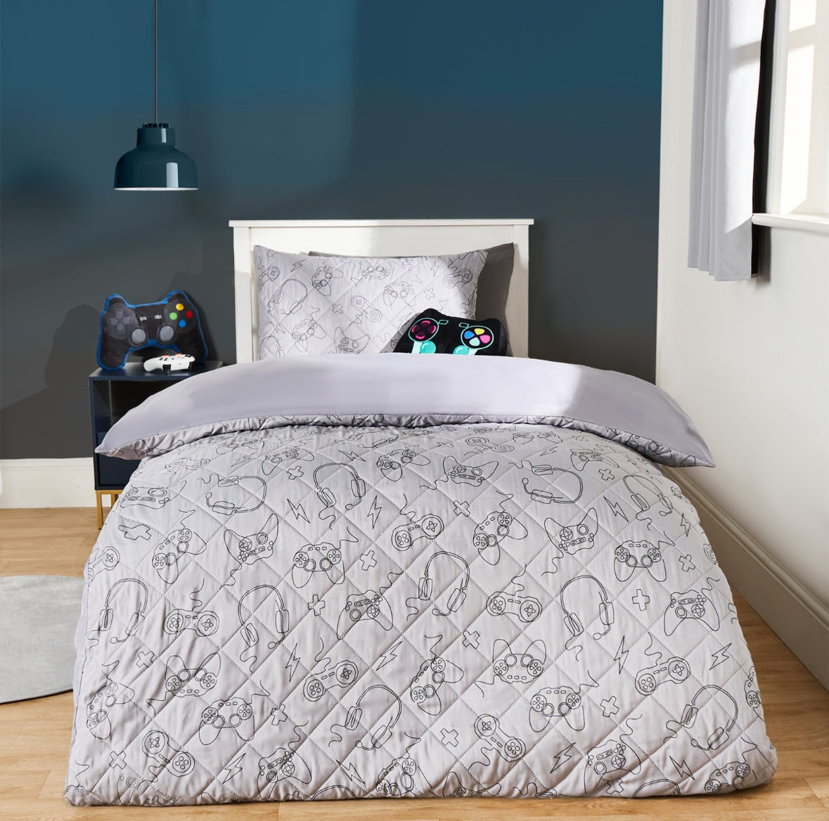 Gaming Print Pinsonic Quilt Duvet Cover Set - Grey 🇬🇧