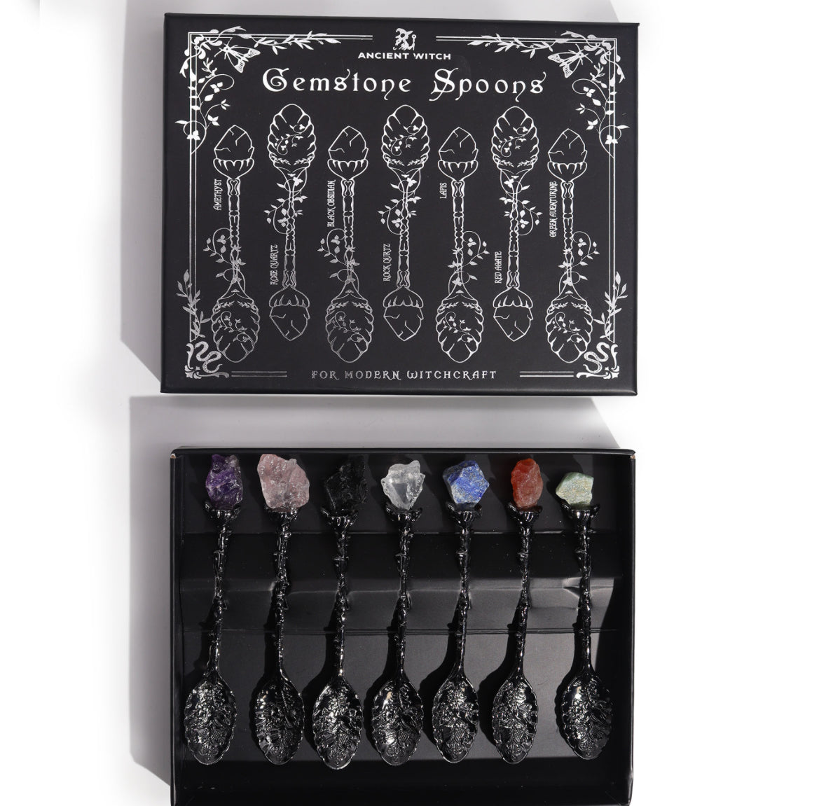 Set of 7 Dark Silver Gemstone Crystal Witch Spoons 🇬🇧