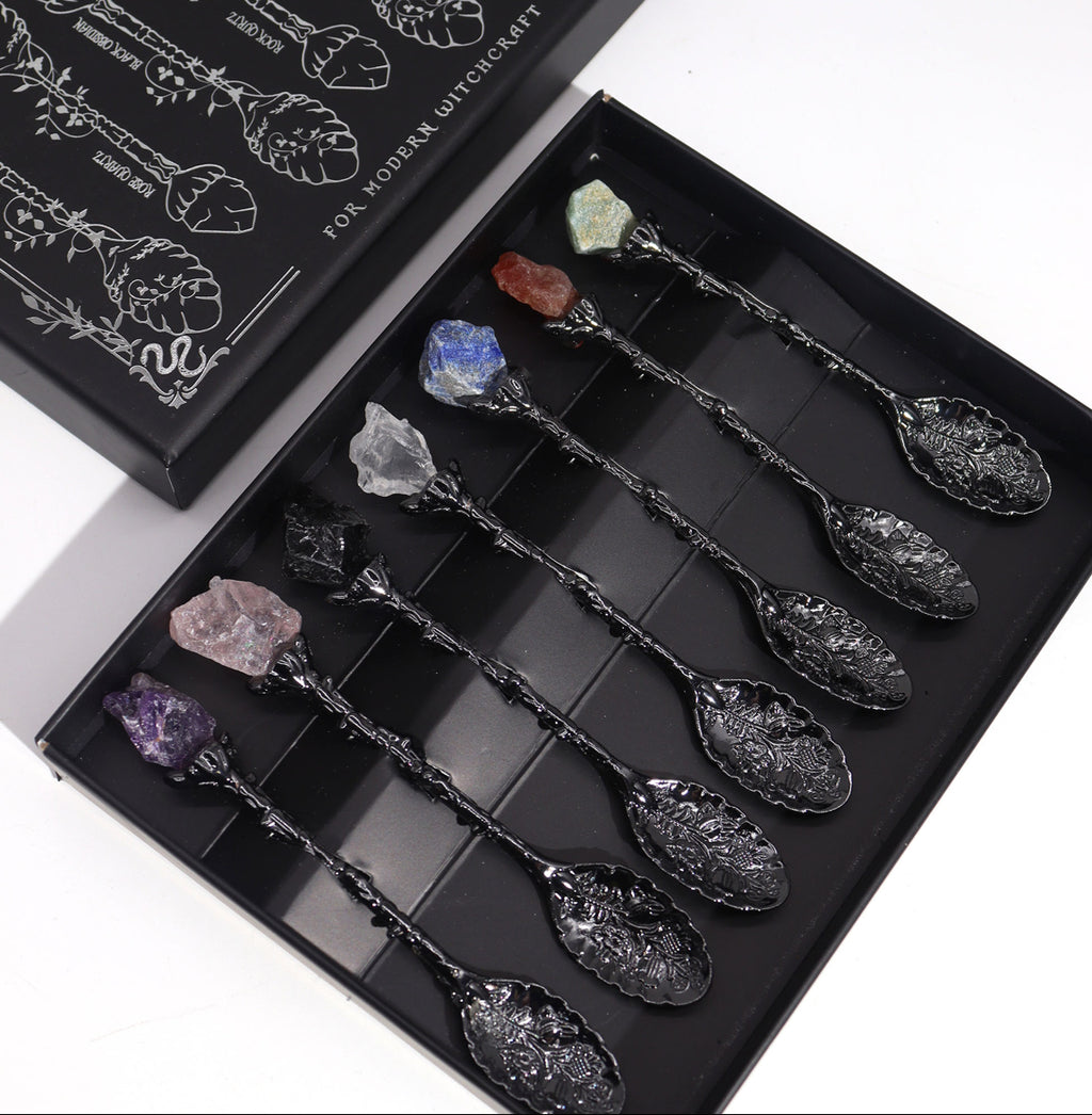 Set of 7 Dark Silver Gemstone Crystal Witch Spoons 🇬🇧
