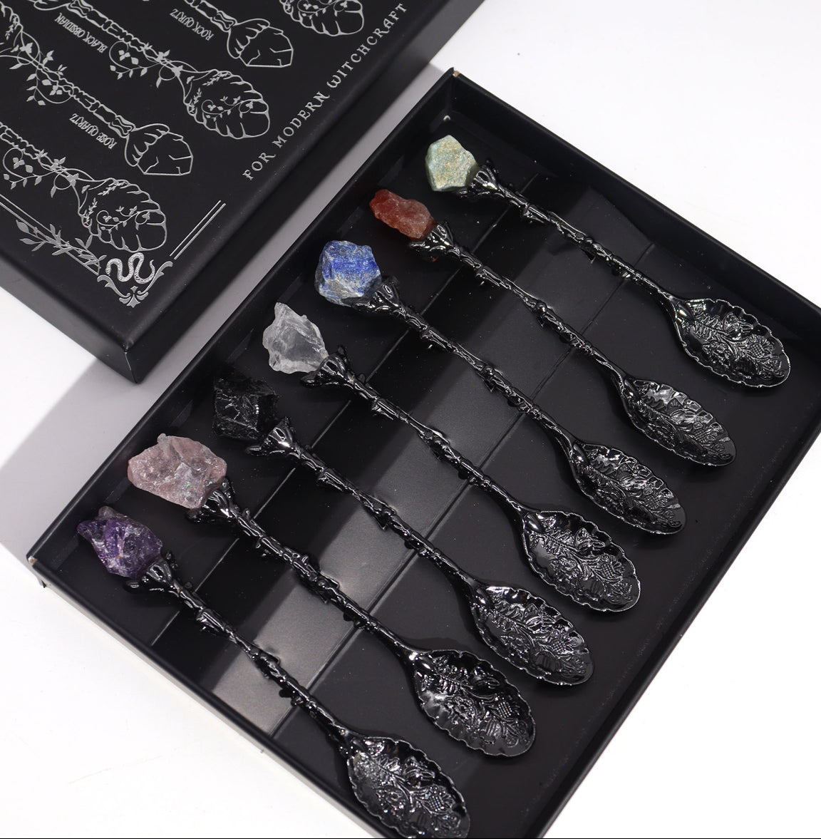 Set of 7 Dark Silver Gemstone Crystal Witch Spoons 🇬🇧