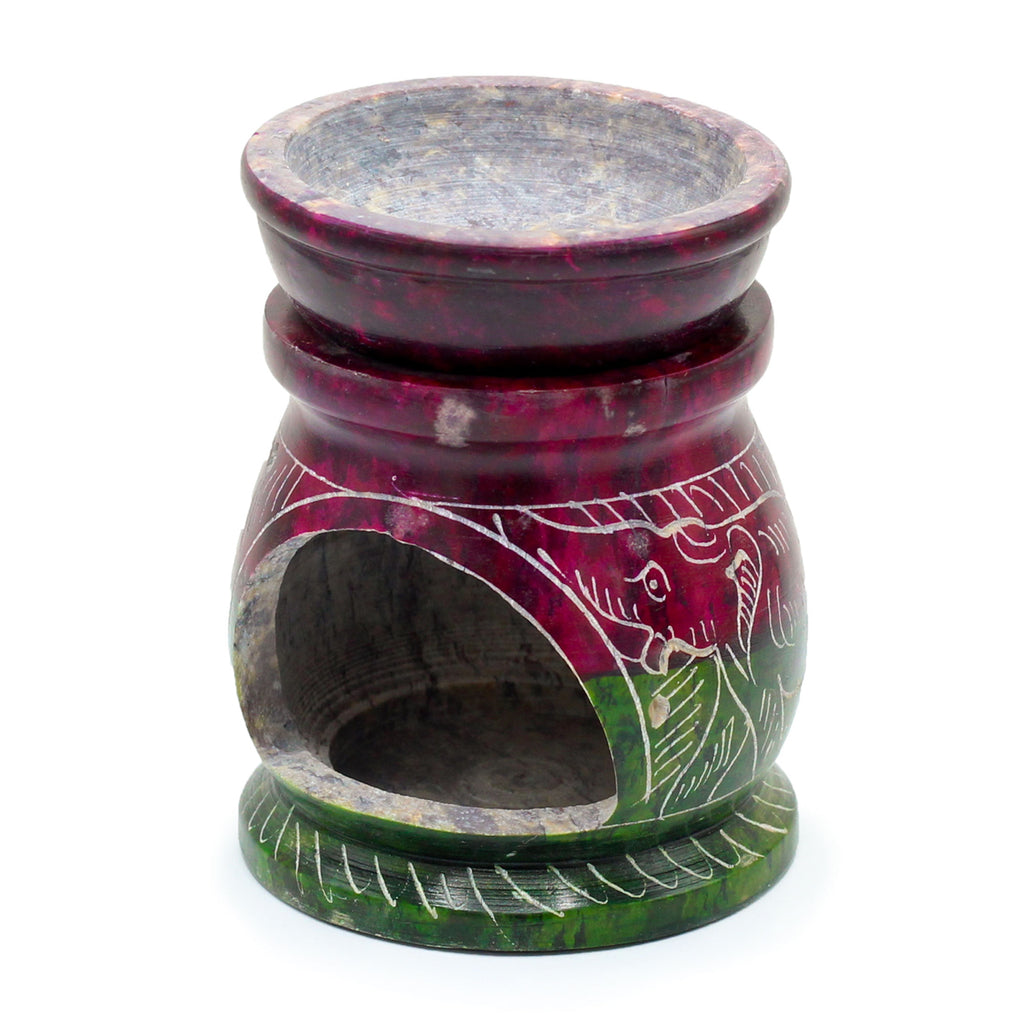 Small Coloured Soapstone Oil Burner - Om & Elephant 🇬🇧