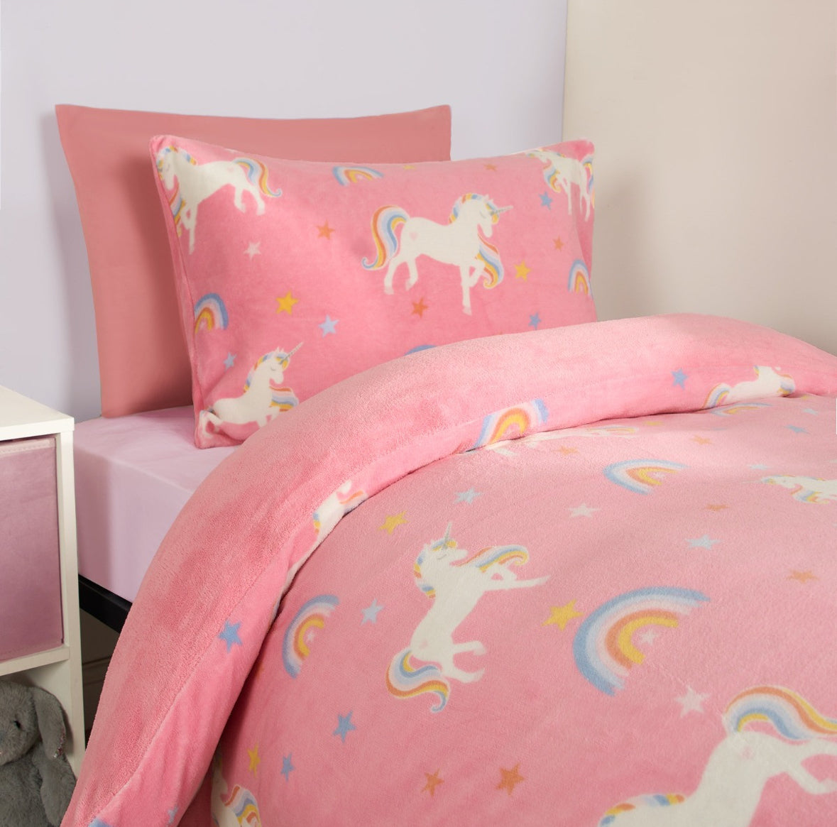 Unicorn Print Fleece Duvet Set - Pink, single 🇬🇧
