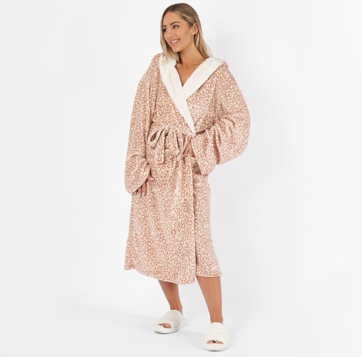 Leopard Flannel Fleece Dressing Gown - Natural 🇬🇧