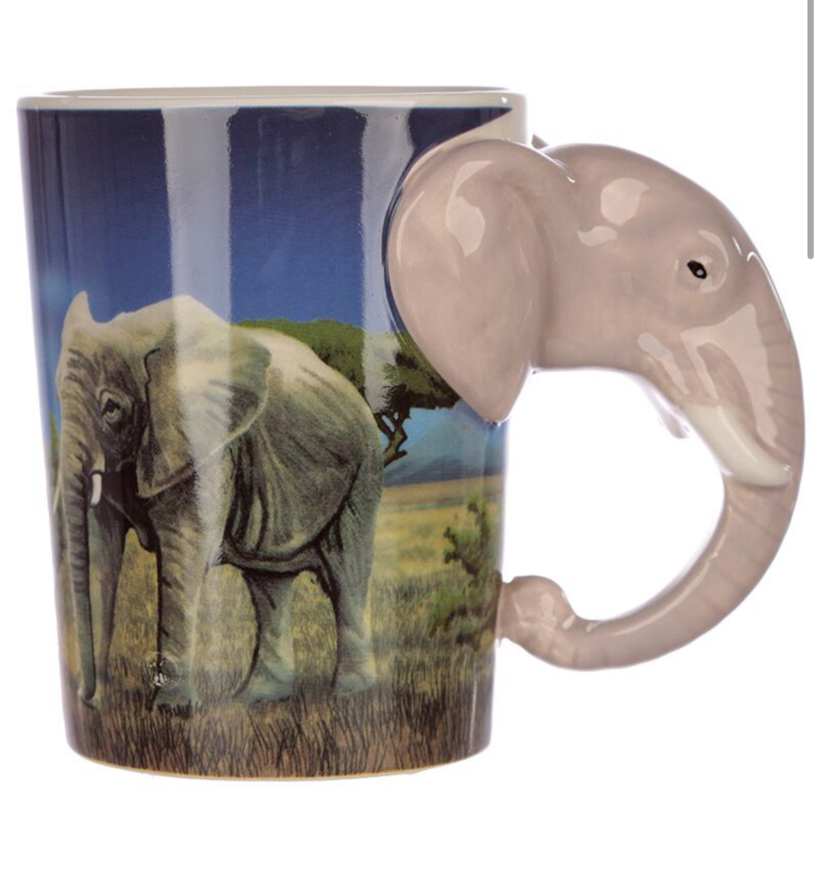 Shaped Handle Ceramic Mug - Elephant Savannah Decal 🇬🇧