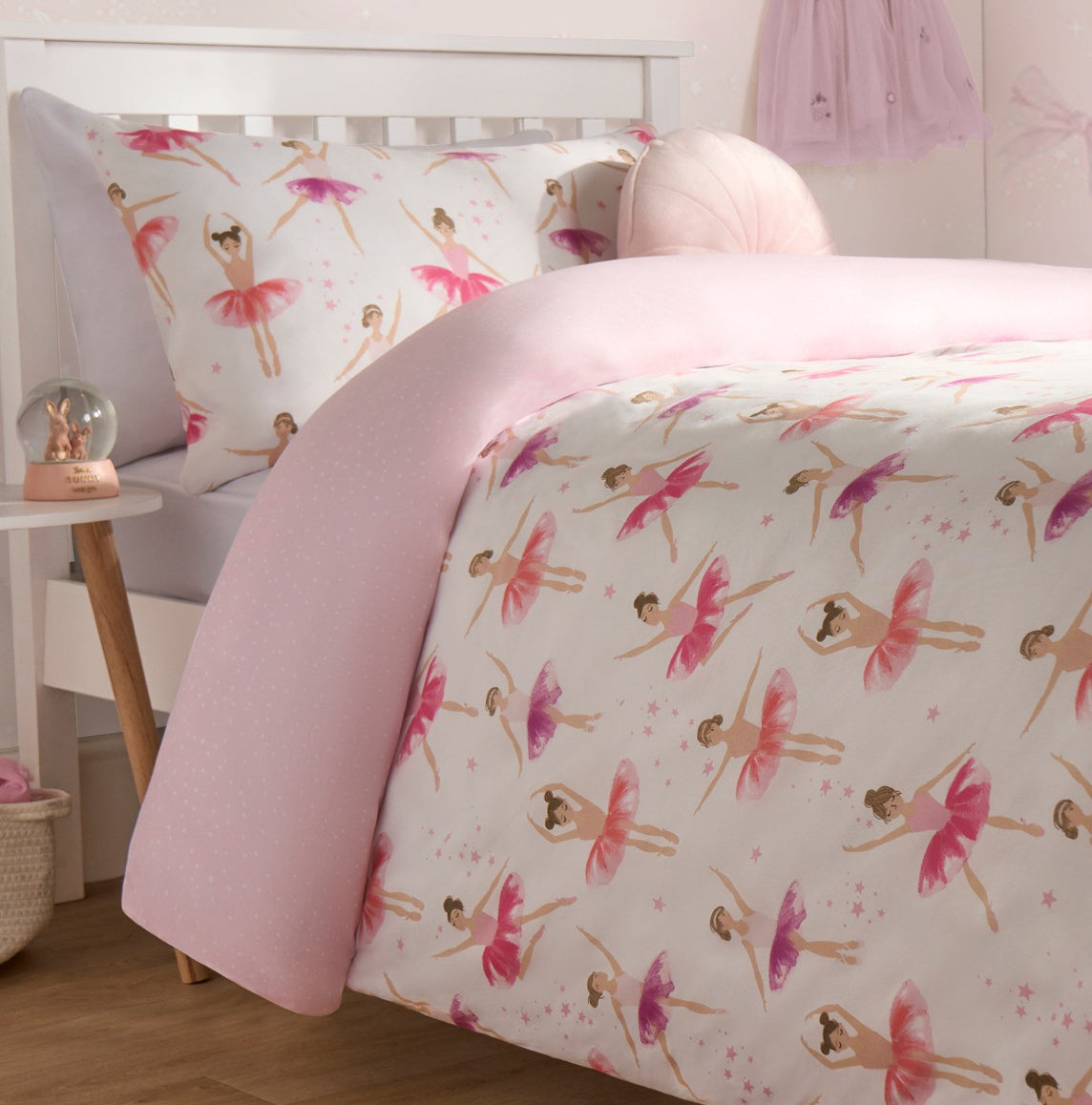 Kids Ballerina Print Reversible Duvet Cover Set - Pink/White single 🇬🇧