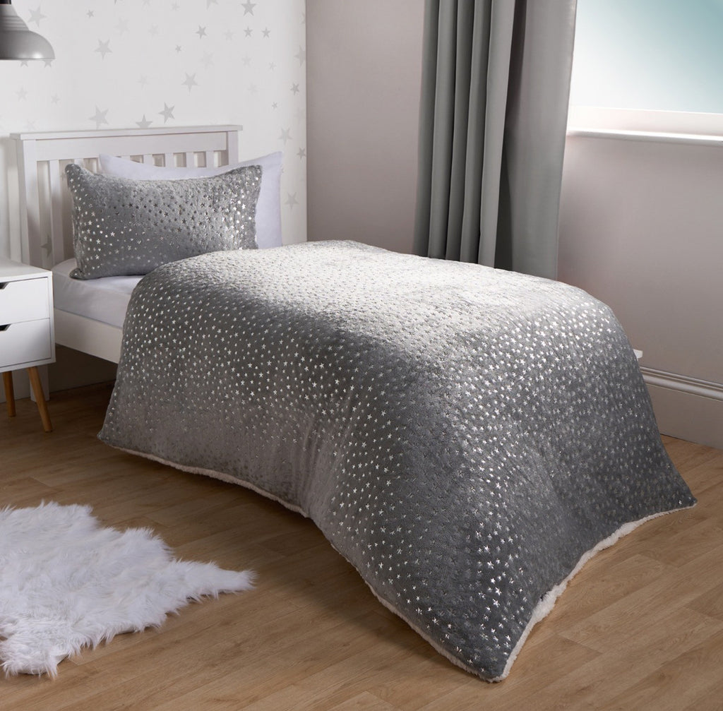 Metallic Stars Fleece Duvet Set - Grey single 🇬🇧