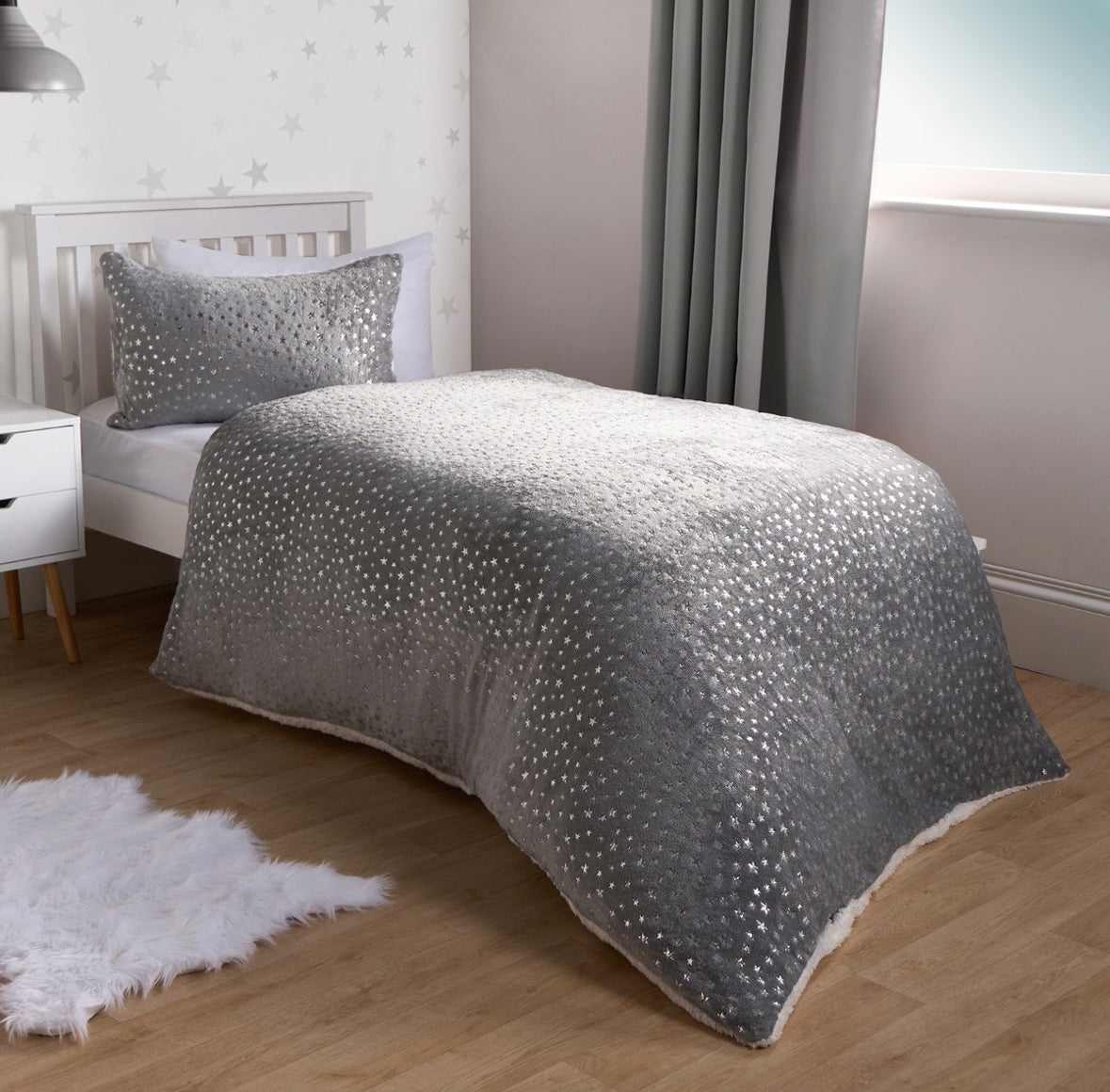 Metallic Stars Fleece Duvet Set - Grey single 🇬🇧