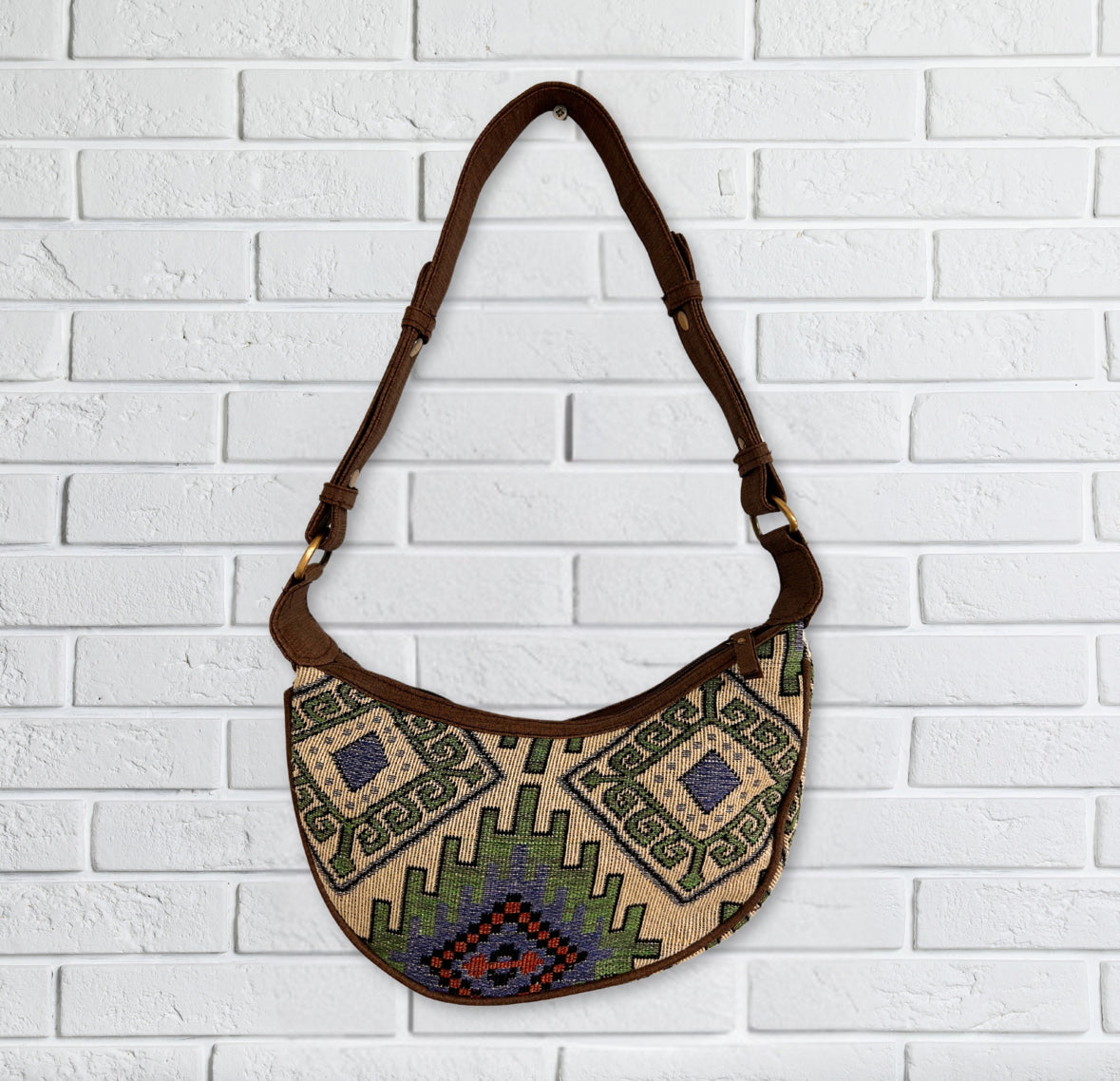 Jacquard Hobo Bag - Geo-Geen (brown strap) 🇬🇧