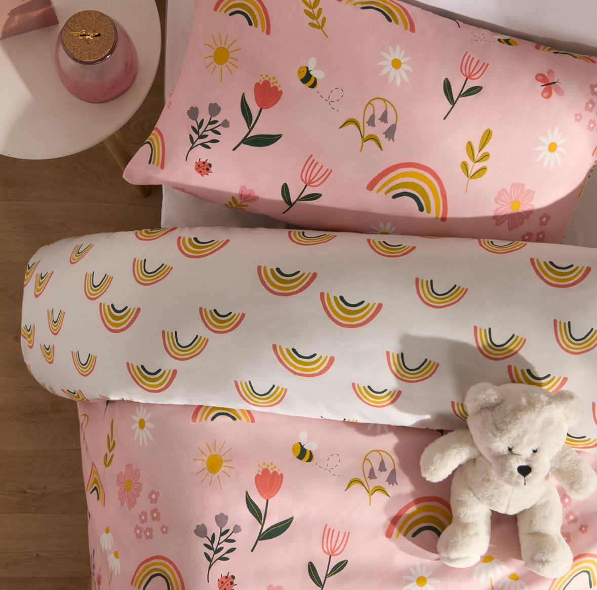 Flowers and Rainbows Print Reversible Duvet Set - Pink 🇬🇧