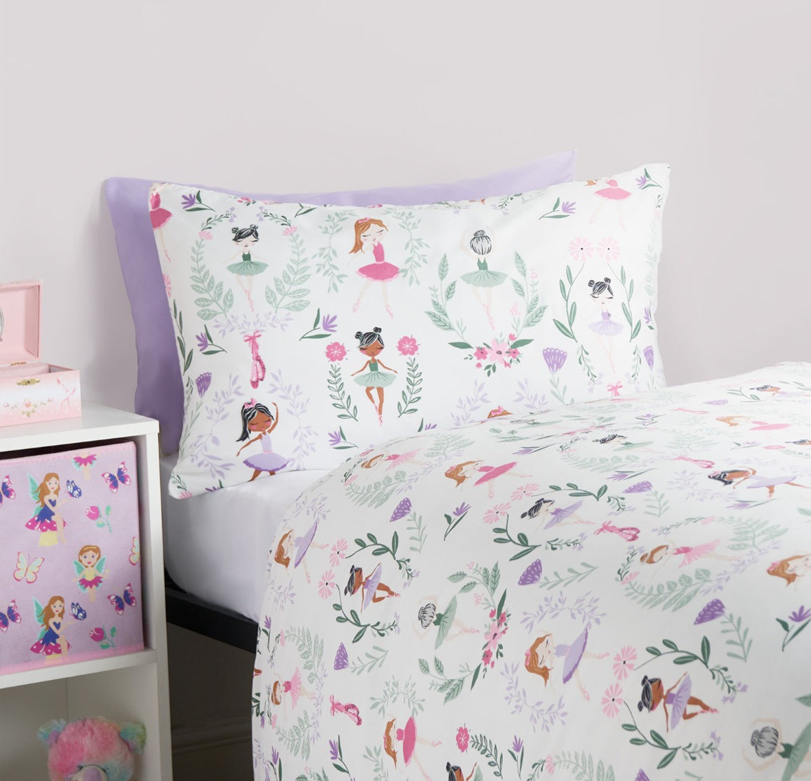 Kids Ballerina Print Reversible Duvet Cover Set - Lilac/White single 🇬🇧