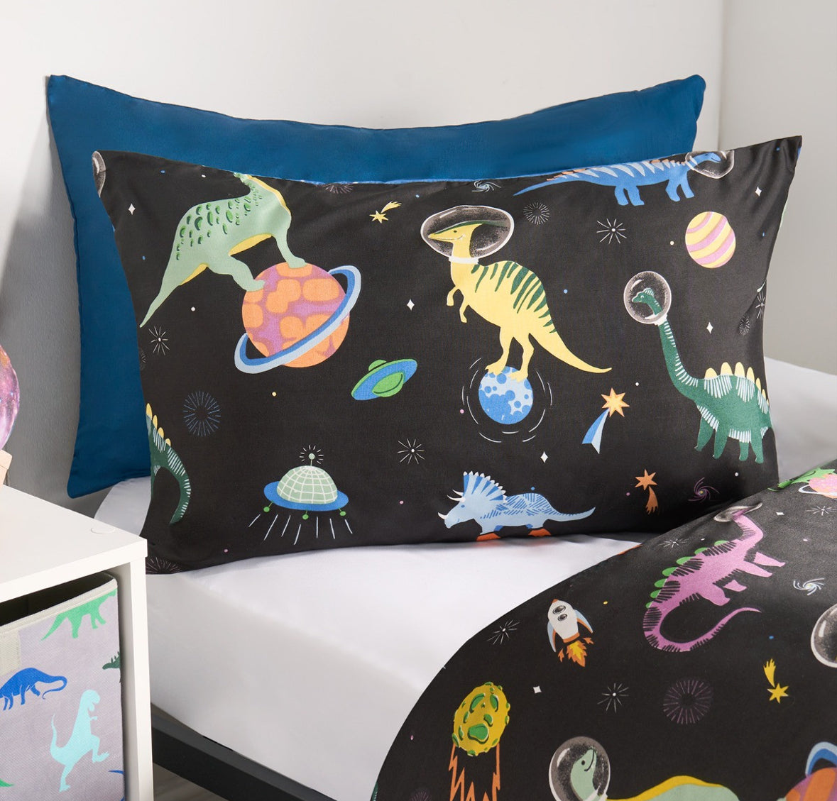 Kids Space Dinosaur Print Reversible Duvet Cover Set - Black/Blue 🇬🇧
