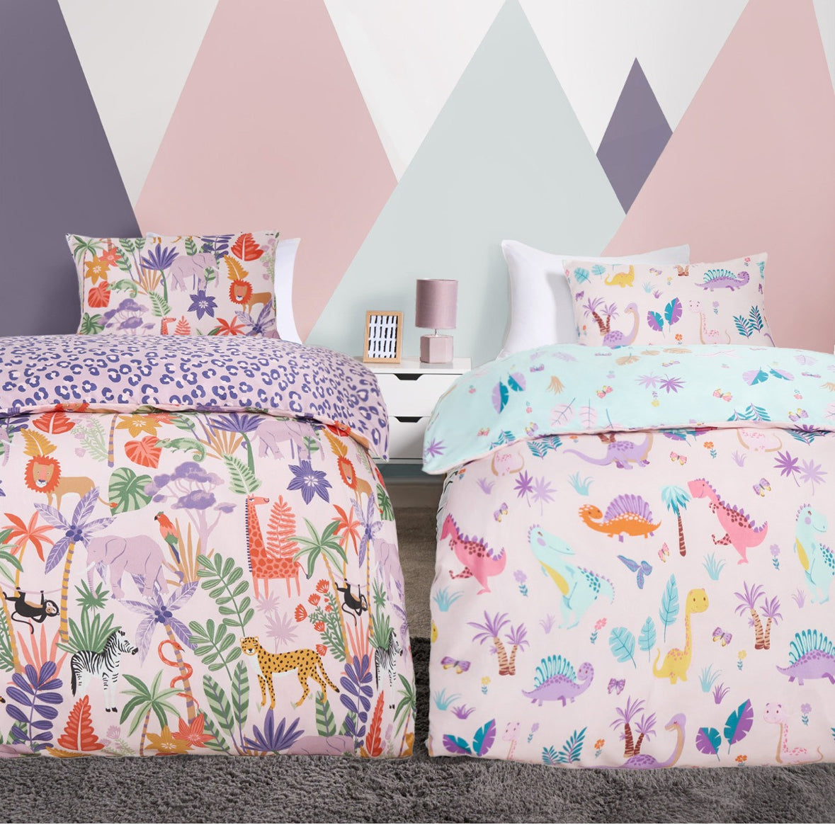 Girls Dino & Safari Duvet Cover Sets Twin Pack - Single 🇬🇧