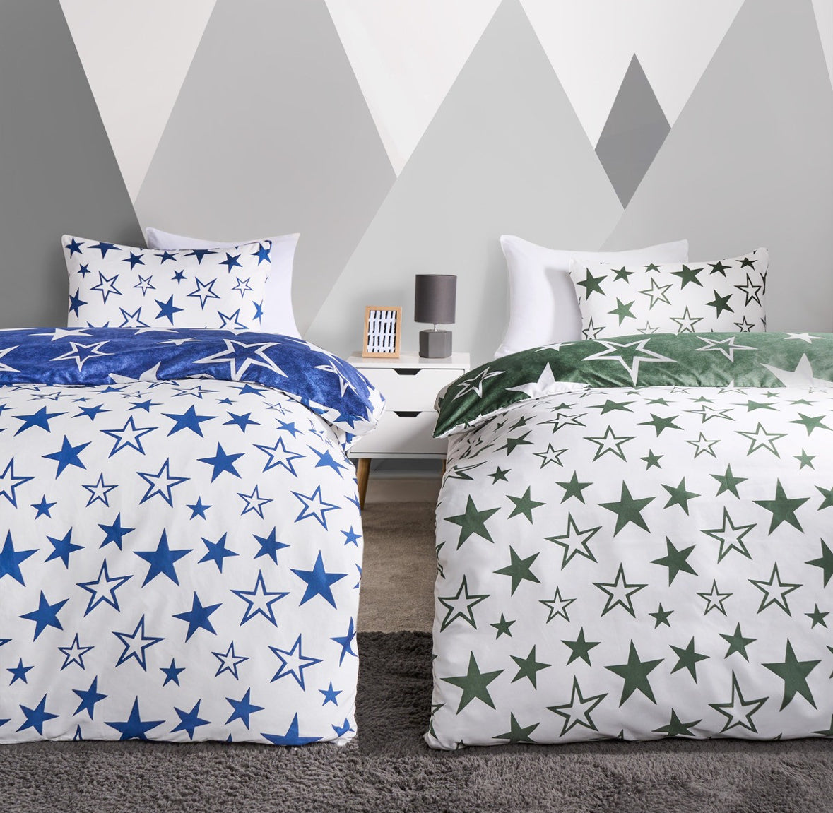 Kids Star Print Reversible Duvet Set Twin Pack - Navy/Green Junior/cot 🇬🇧