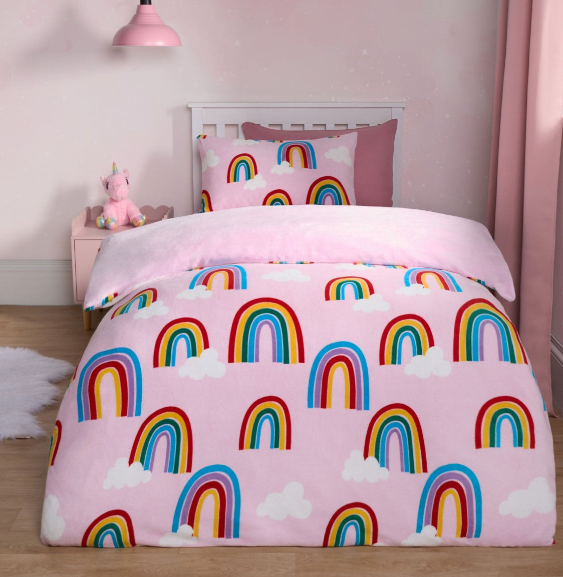 Rainbow Print Fleece Duvet Set, Pink - Single 🇬🇧