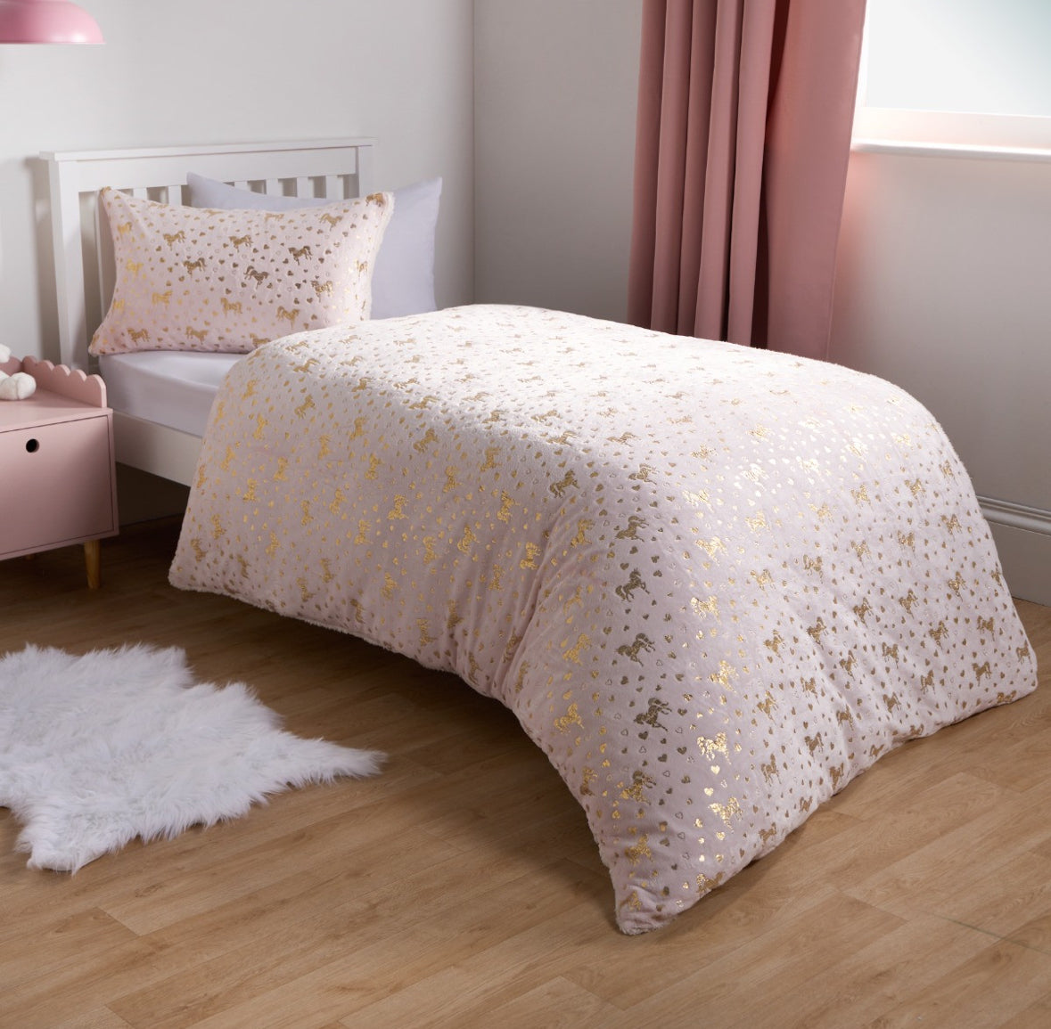 Metallic Heart & Unicorn Fleece Duvet Set - Pink 🇬🇧