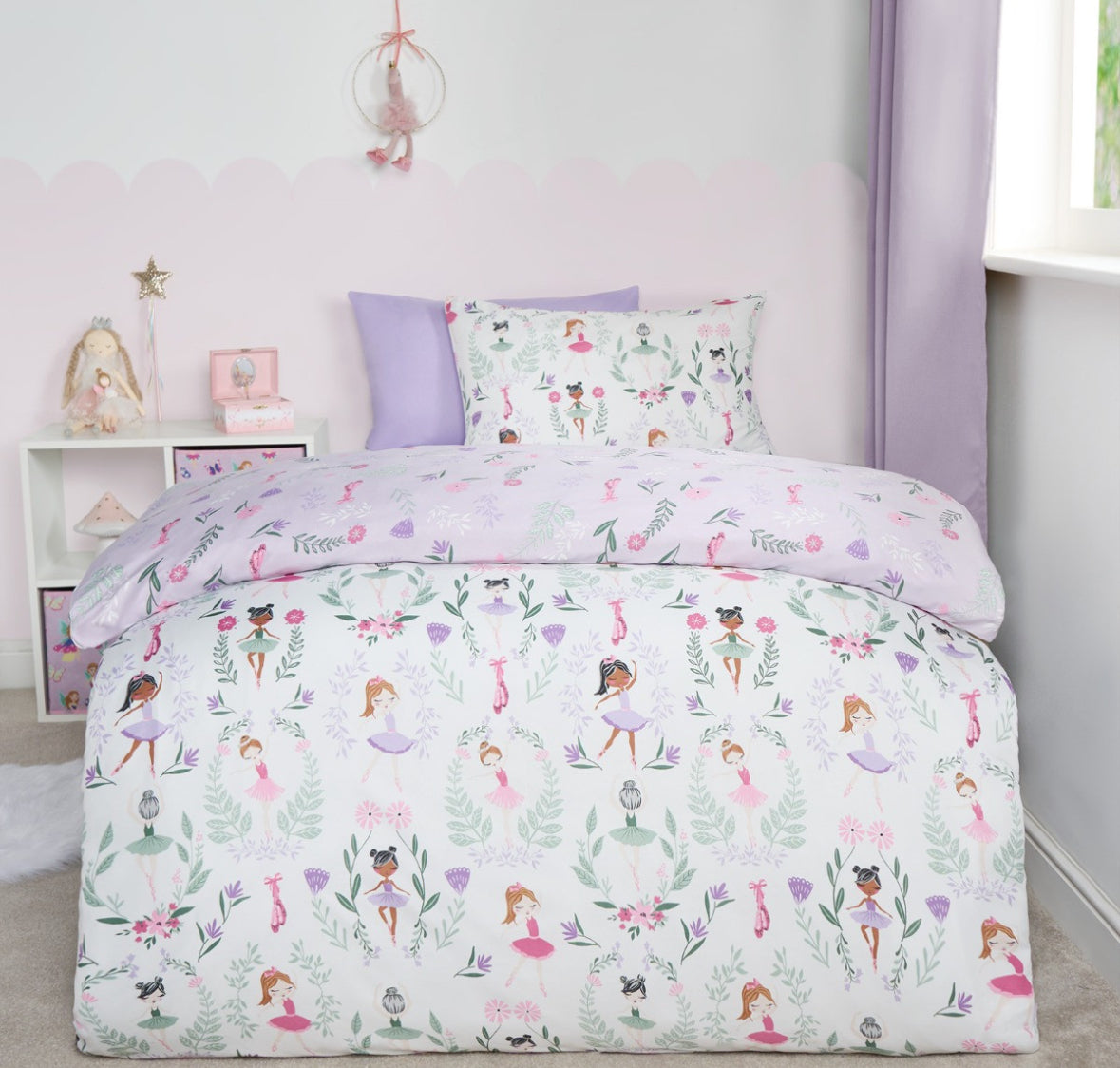 Kids Ballerina Print Reversible Duvet Cover Set - Lilac/White single 🇬🇧
