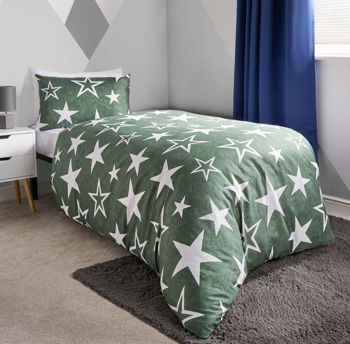 Kids Star Print Reversible Duvet Set Twin Pack - Navy/Green Junior/cot 🇬🇧