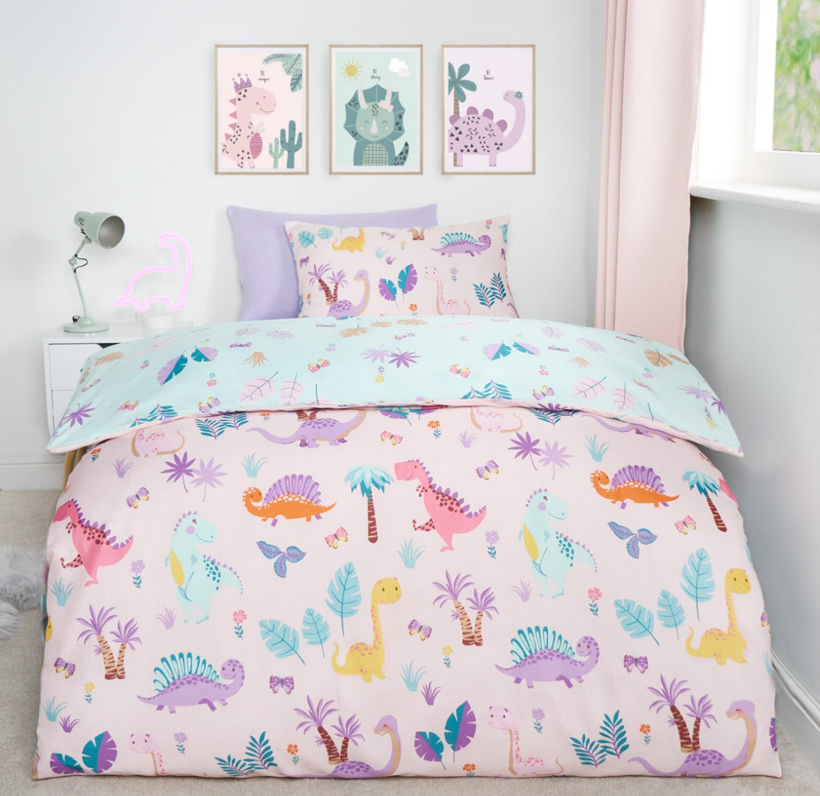 Kids Dinosaur Print Reversible Duvet Cover Set - Single 🇬🇧