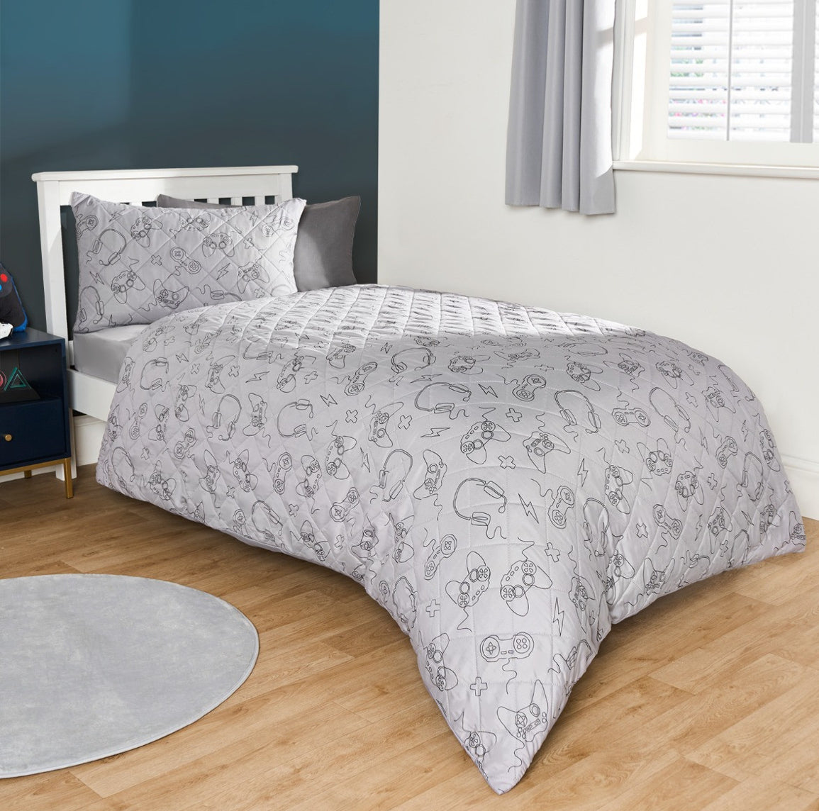 Gaming Print Pinsonic Quilt Duvet Cover Set - Grey 🇬🇧