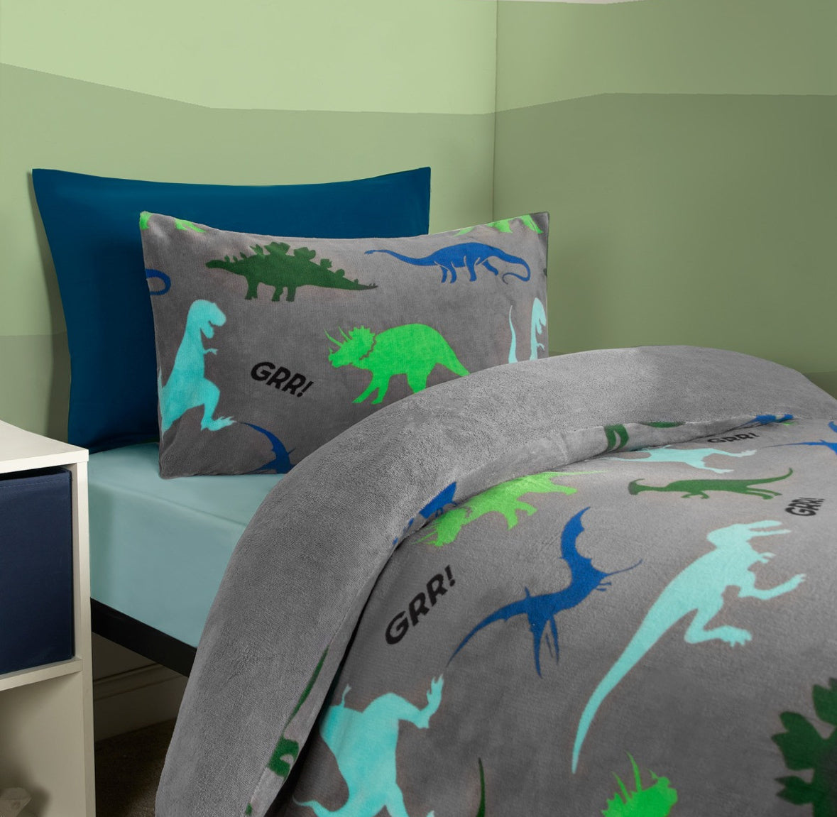 Dino Print Fleece Duvet Set - Grey in single 🇬🇧