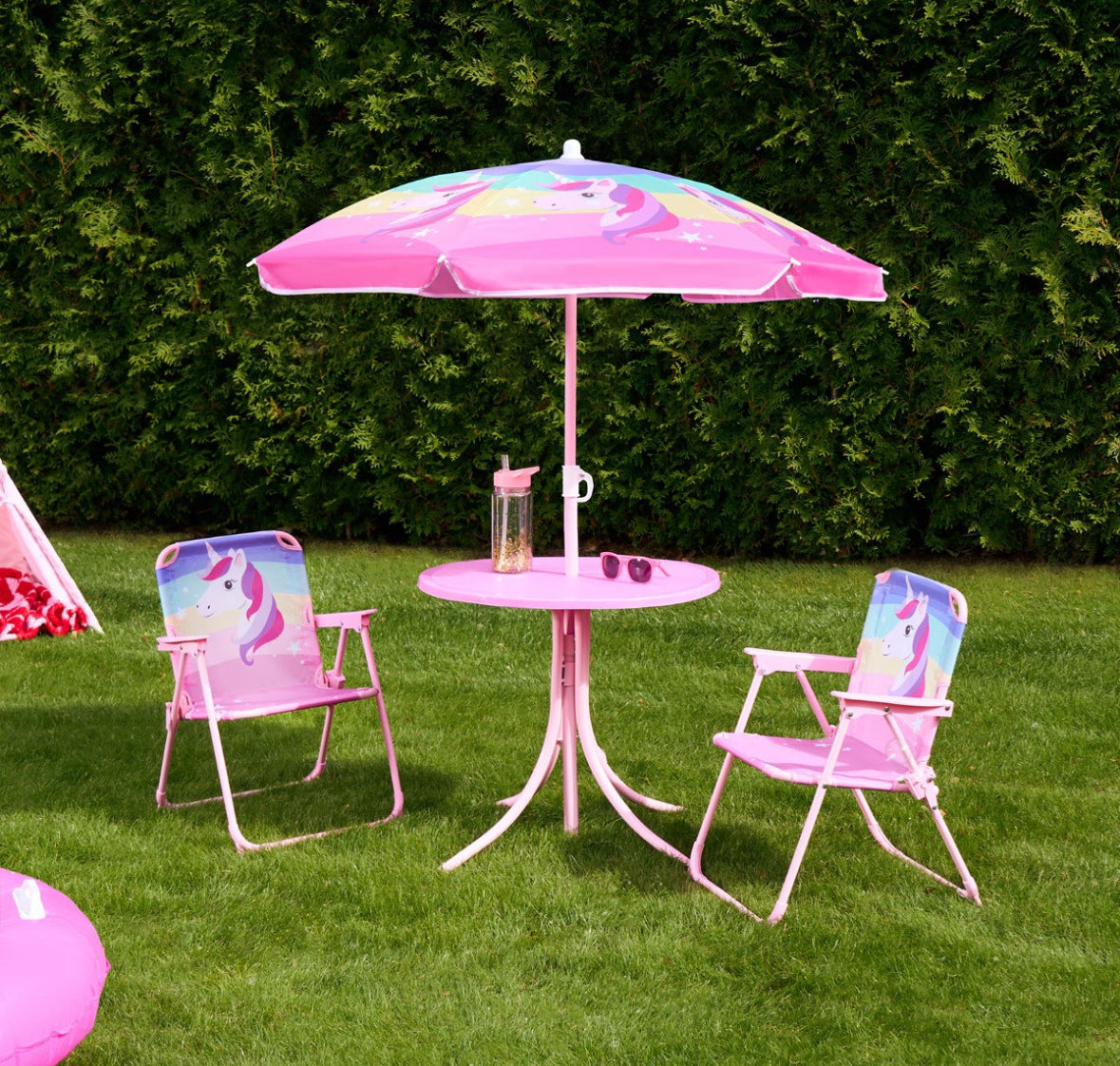 Kids Unicorn Print Bistro Set with Parasol - Pink 🇬🇧