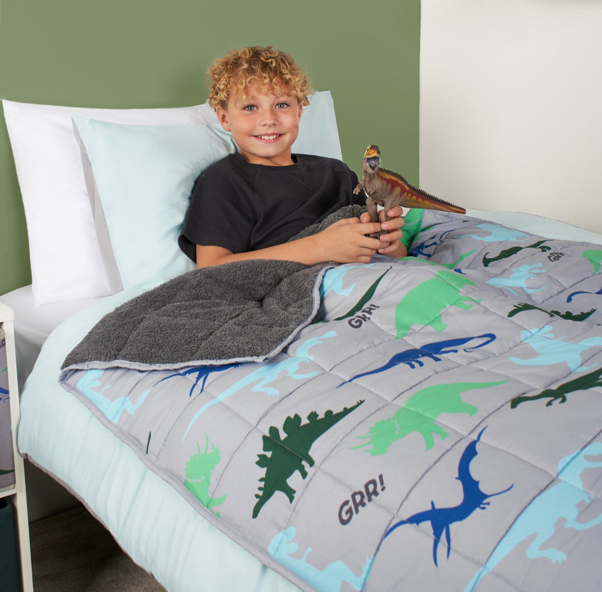 Kids Teddy Fleece Dinosaur Weighted Blanket, Grey - 3kg 🇬🇧