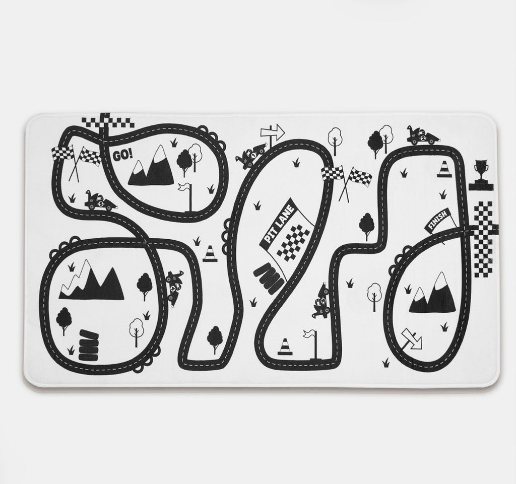 Kids Supersoft Racing Track Printed Rug - Monochrome 🇬🇧
