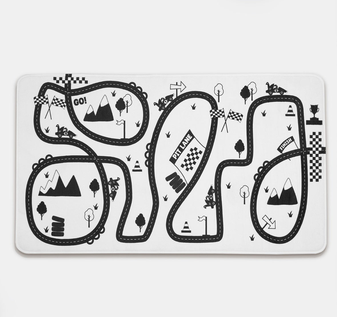 Kids Supersoft Racing Track Printed Rug - Monochrome 🇬🇧