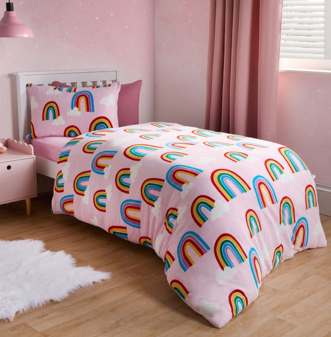 Rainbow Print Fleece Duvet Set, Pink - Single 🇬🇧