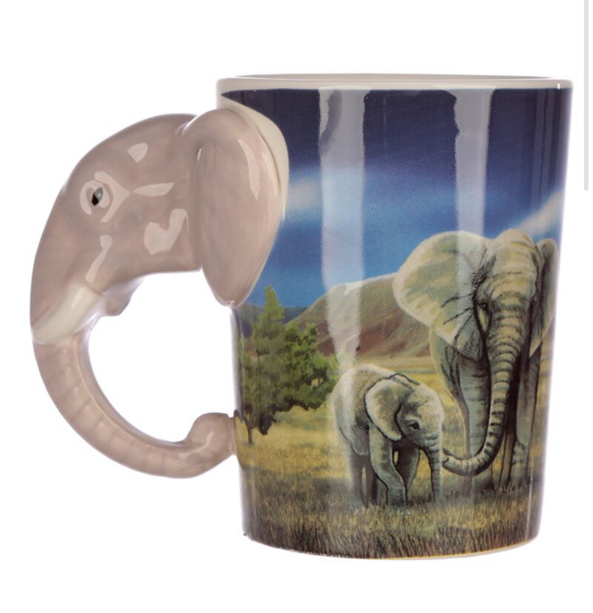 Shaped Handle Ceramic Mug - Elephant Savannah Decal 🇬🇧