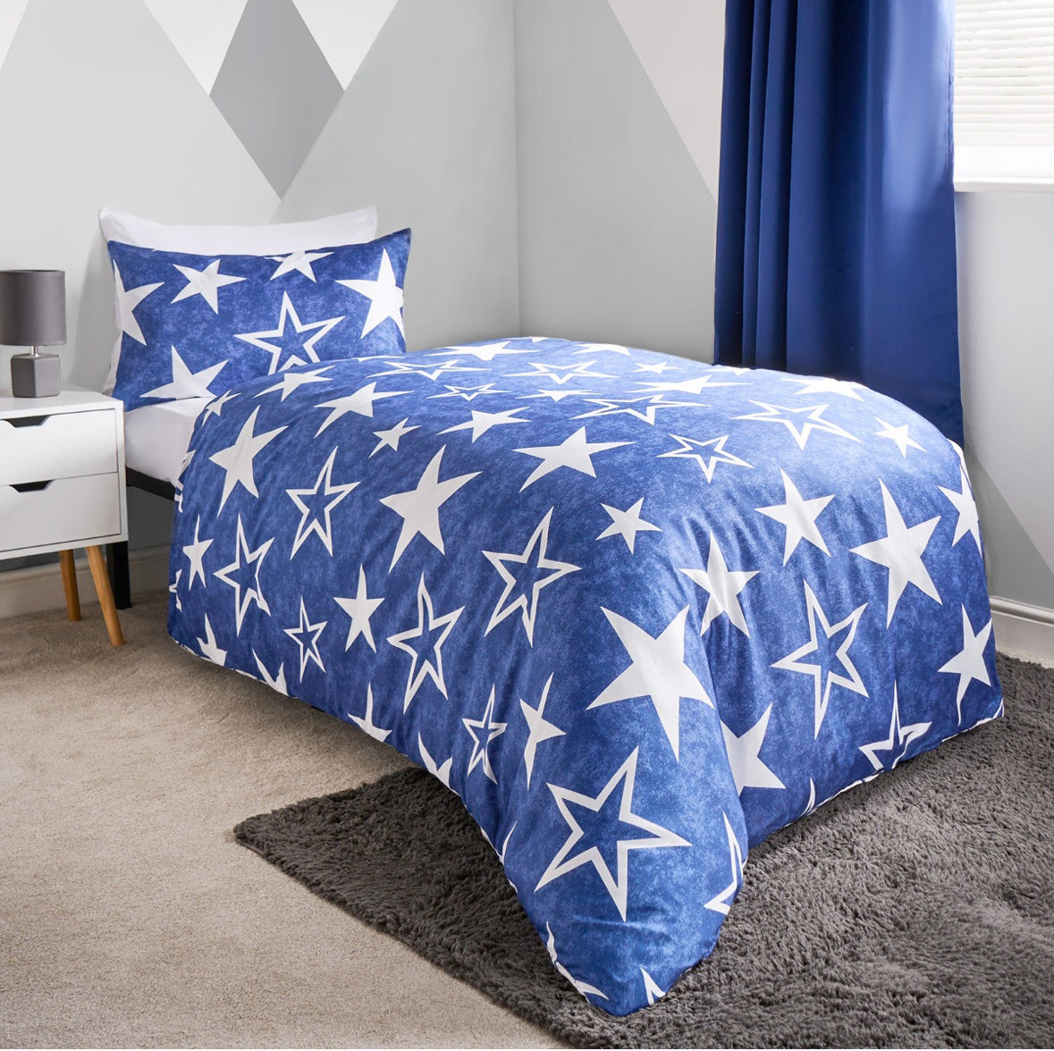Kids Star Print Reversible Duvet Set Twin Pack - Navy/Green Junior/cot 🇬🇧