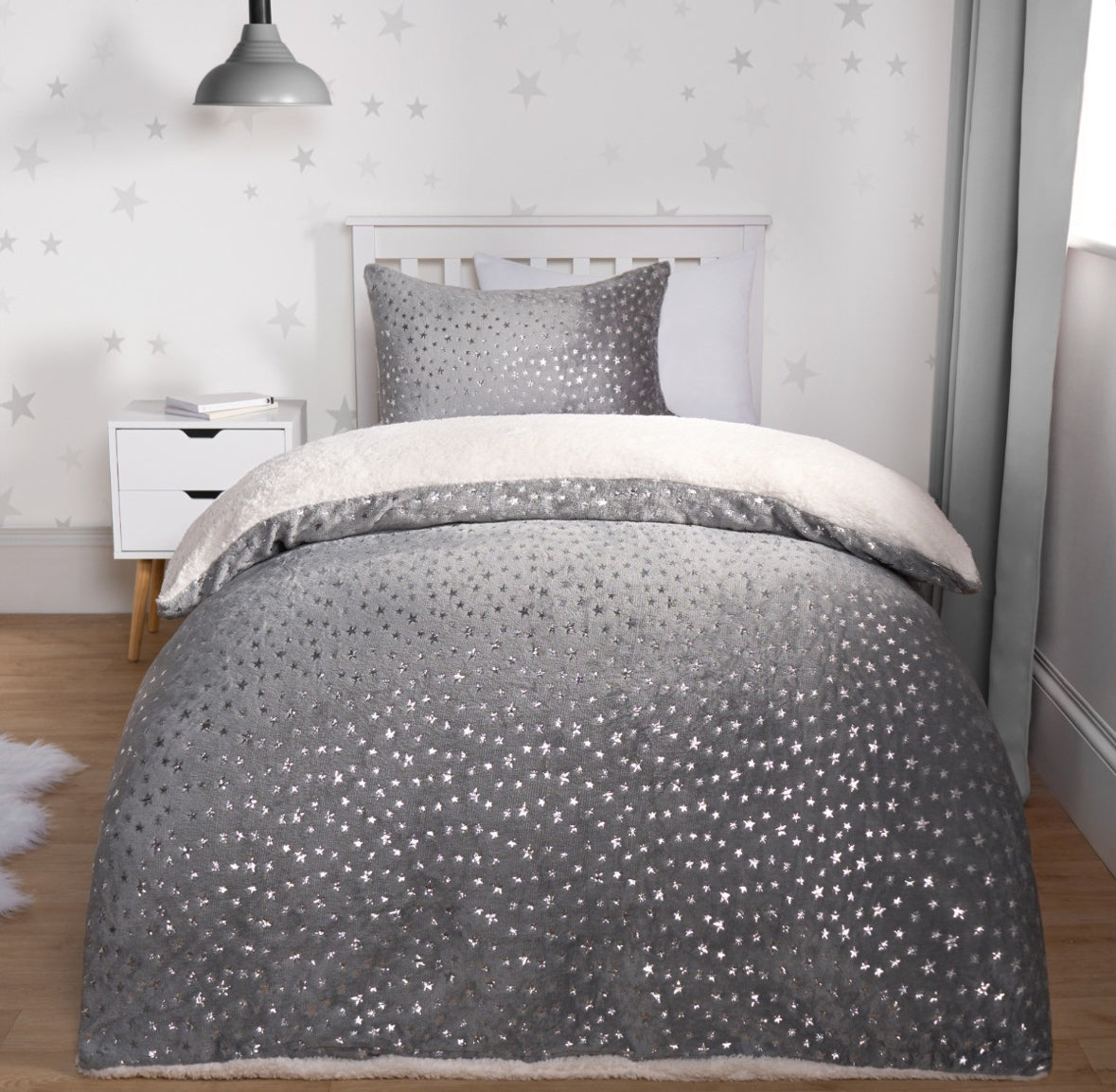 Metallic Stars Fleece Duvet Set - Grey single 🇬🇧