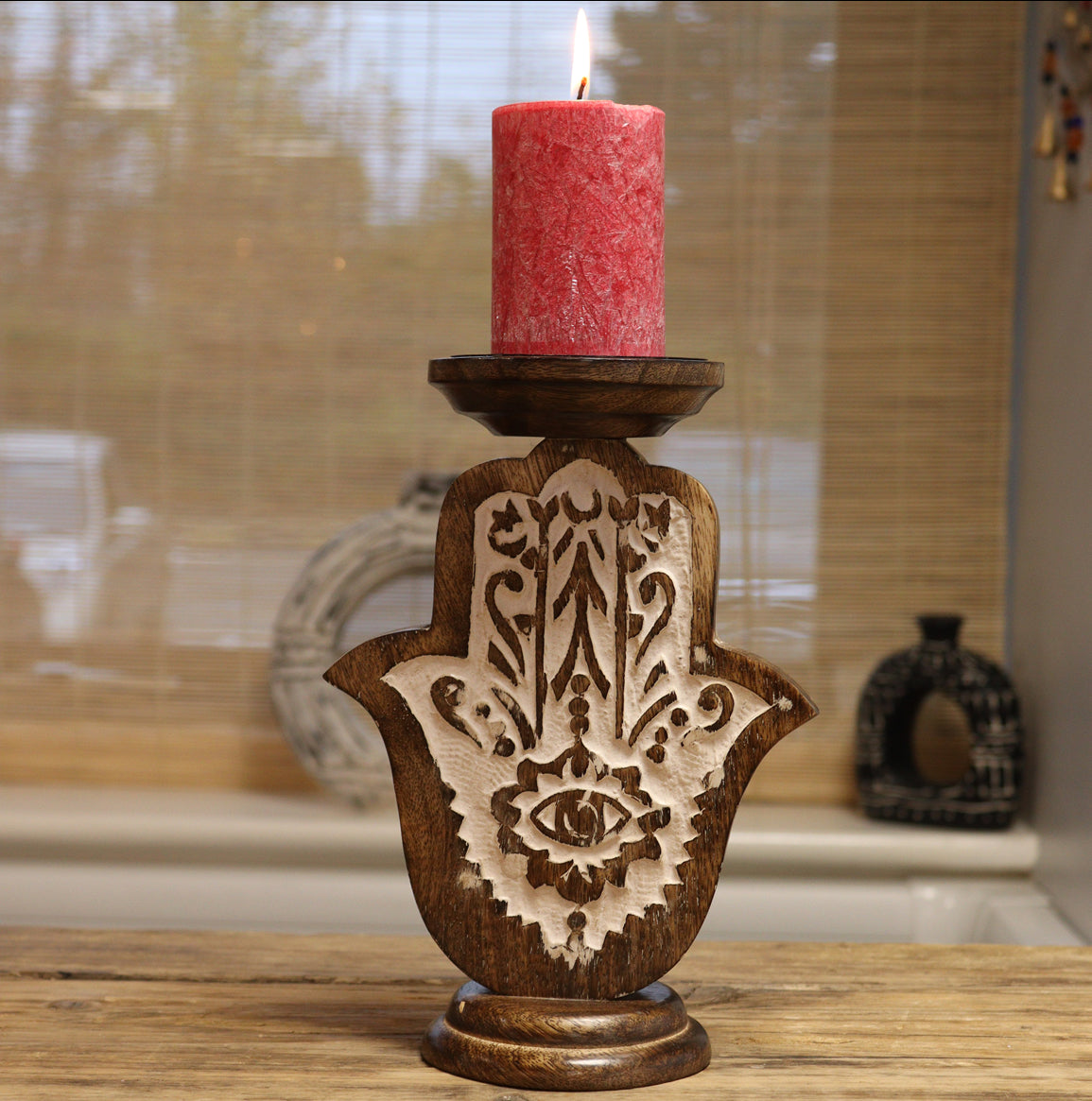 Mango Wood Candle Stand - Hamsa - Large 🇬🇧