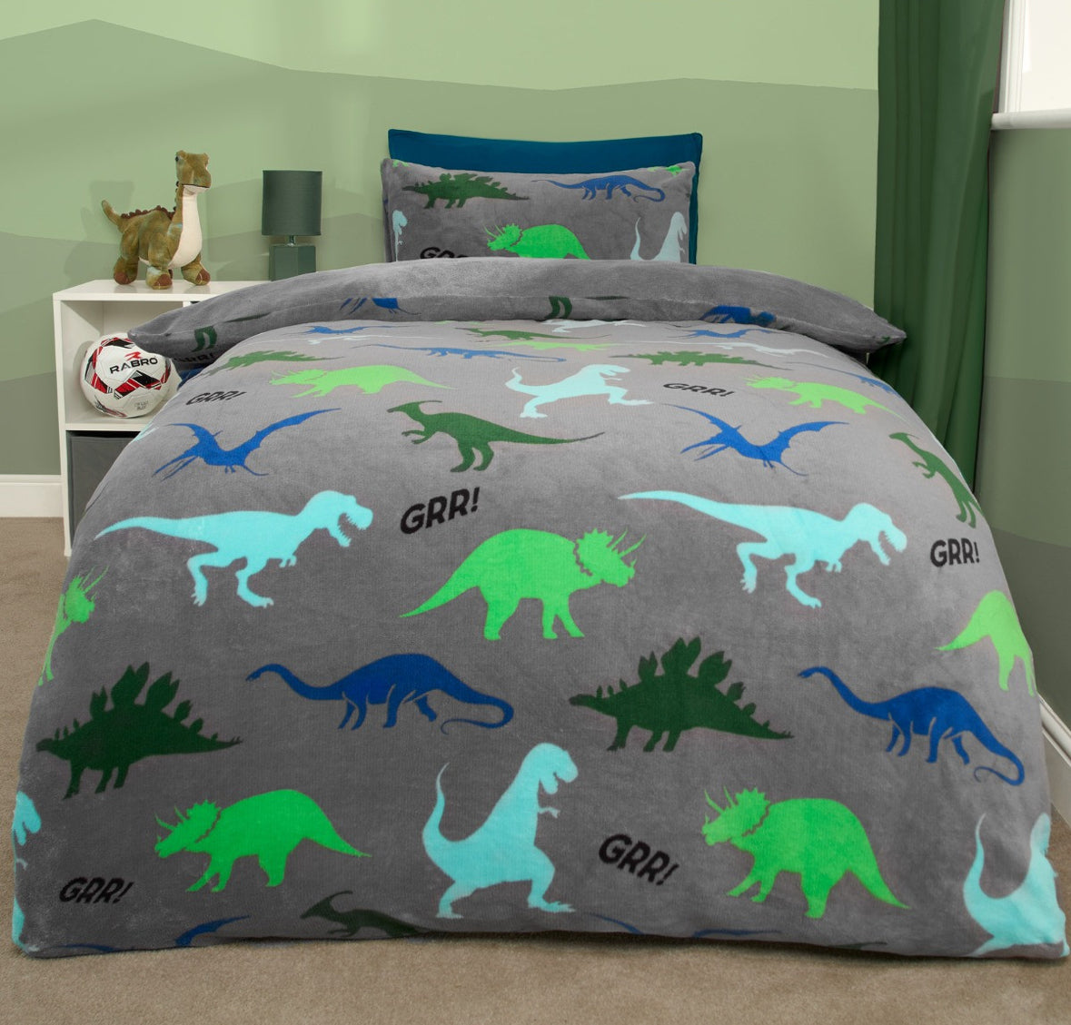 Dino Print Fleece Duvet Set - Grey in single 🇬🇧