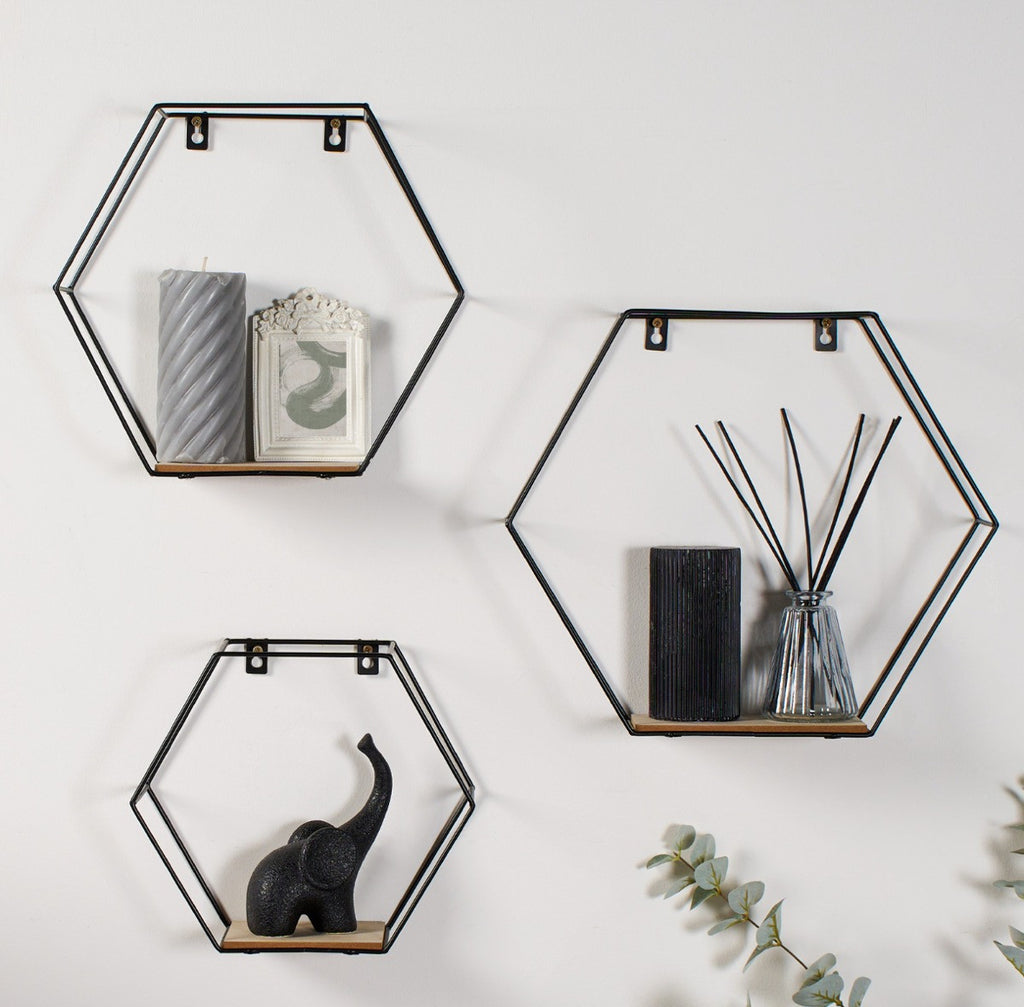 Hexagon Iron Wall Rack Shelf, 3 Piece - Black 🇬🇧