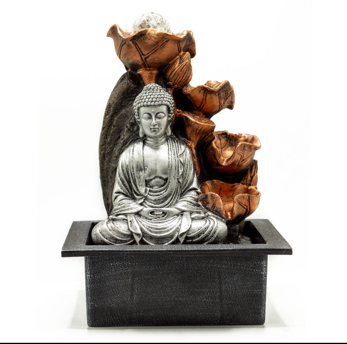 Tabletop Water Feature - 35cm - Silver Buddha Cascade & Crystal Ball 🇬🇧