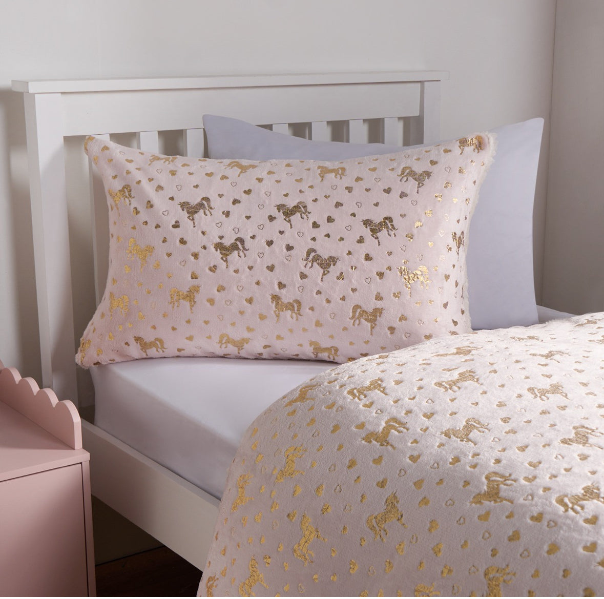 Metallic Heart & Unicorn Fleece Duvet Set - Pink 🇬🇧