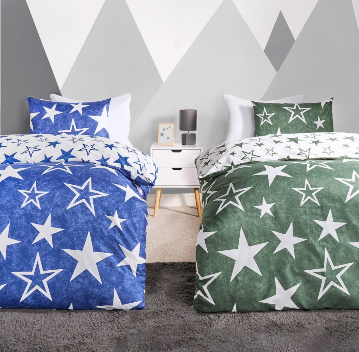Kids Star Print Reversible Duvet Set Twin Pack - Navy/Green Junior/cot 🇬🇧