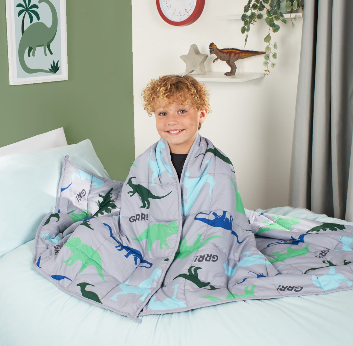 Kids Teddy Fleece Dinosaur Weighted Blanket, Grey - 3kg 🇬🇧