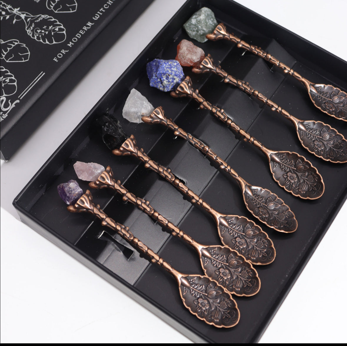 Set of 7 Bronze Gemstone Crystal Witch Spoons 🇬🇧