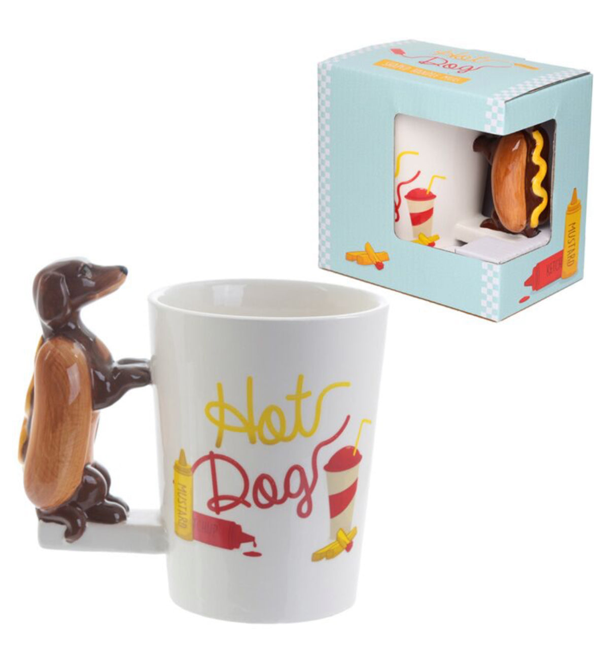 Shaped Handle Ceramic Mug - Sausage Dog in Bun HOT DOG Fast Food 🇬🇧