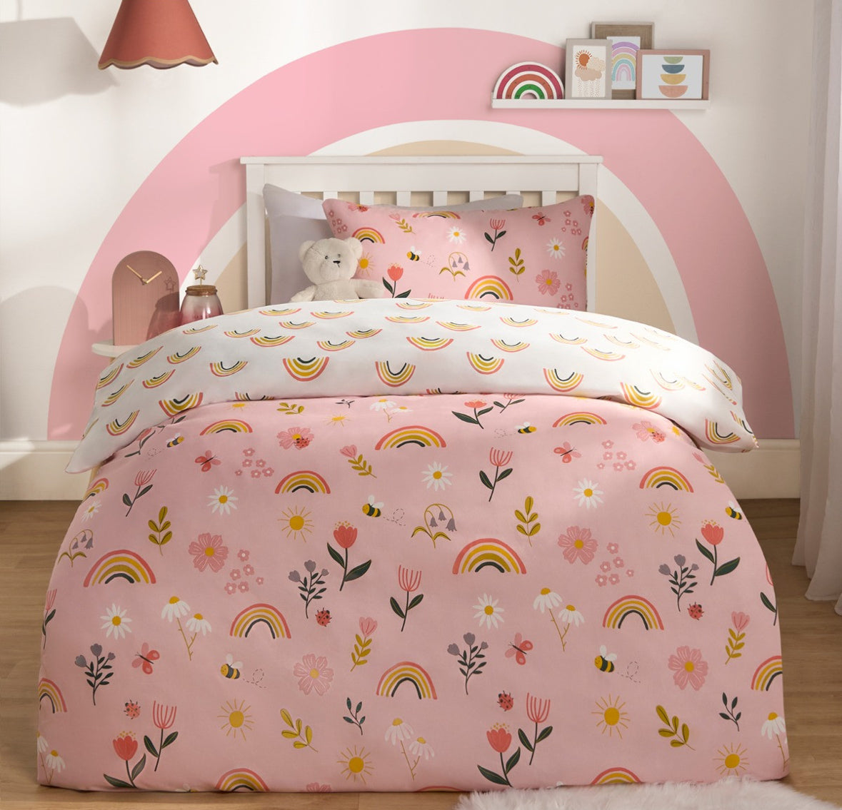 Flowers and Rainbows Print Reversible Duvet Set - Pink 🇬🇧