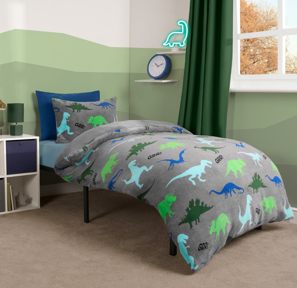 Dino Print Fleece Duvet Set - Grey in single 🇬🇧