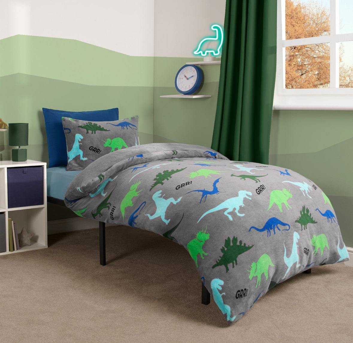 Dino Print Fleece Duvet Set - Grey in single 🇬🇧
