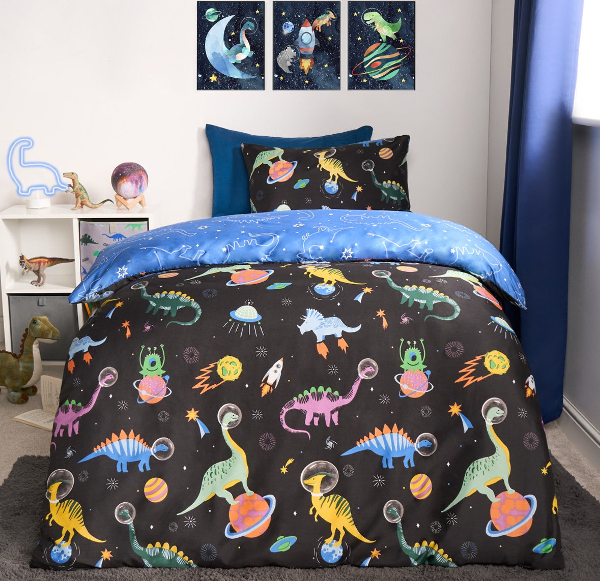 Kids Space Dinosaur Print Reversible Duvet Cover Set - Black/Blue 🇬🇧